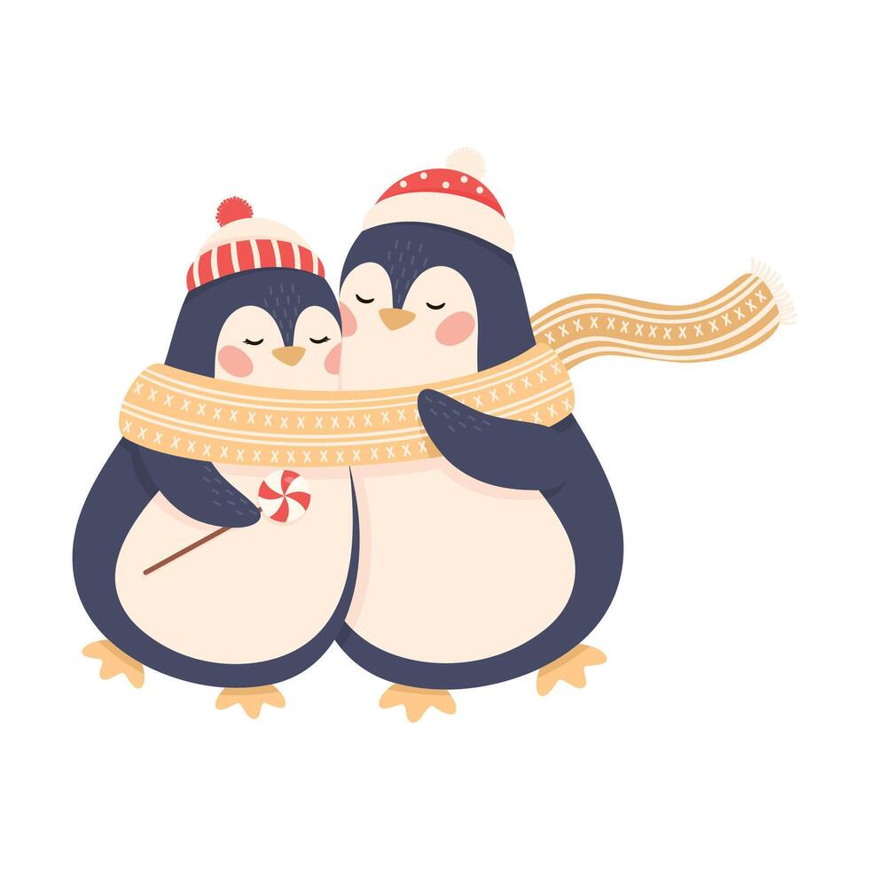 Cute Penguins as New Year Characters in Winter Hats Hugging and Embracing Each Other Illustration vector