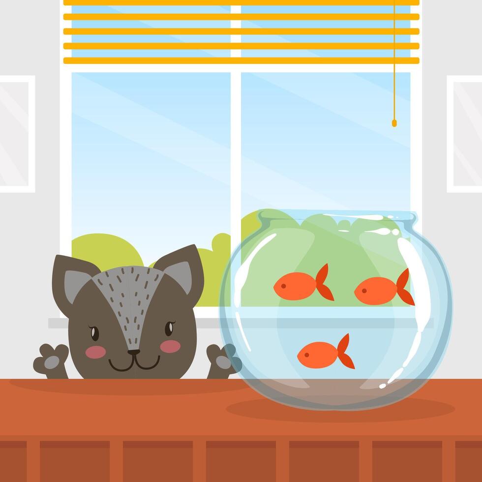 Cute Funny Cat Looking at Fishes in Aquarium Cartoon Illustration vector