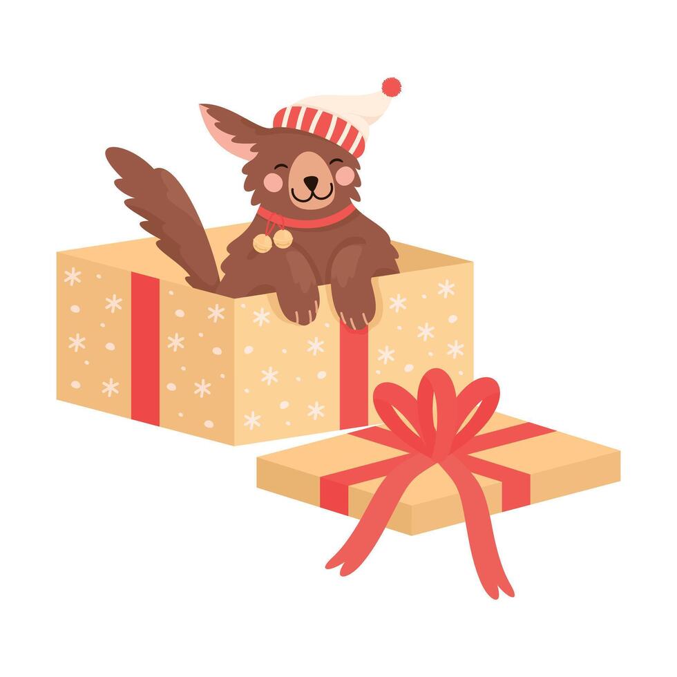 Fluffy Dog in Winter Hat Sitting in Gift Box Illustration vector