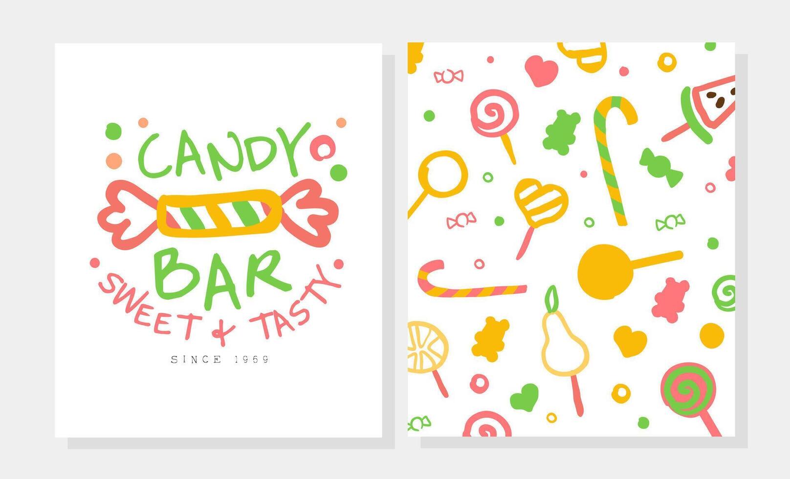Candy Bar Card Template with Tasty Sweets Seamless Pattern, Candy Shop, Cafe, Confectionery Design Cartoon Illustration vector