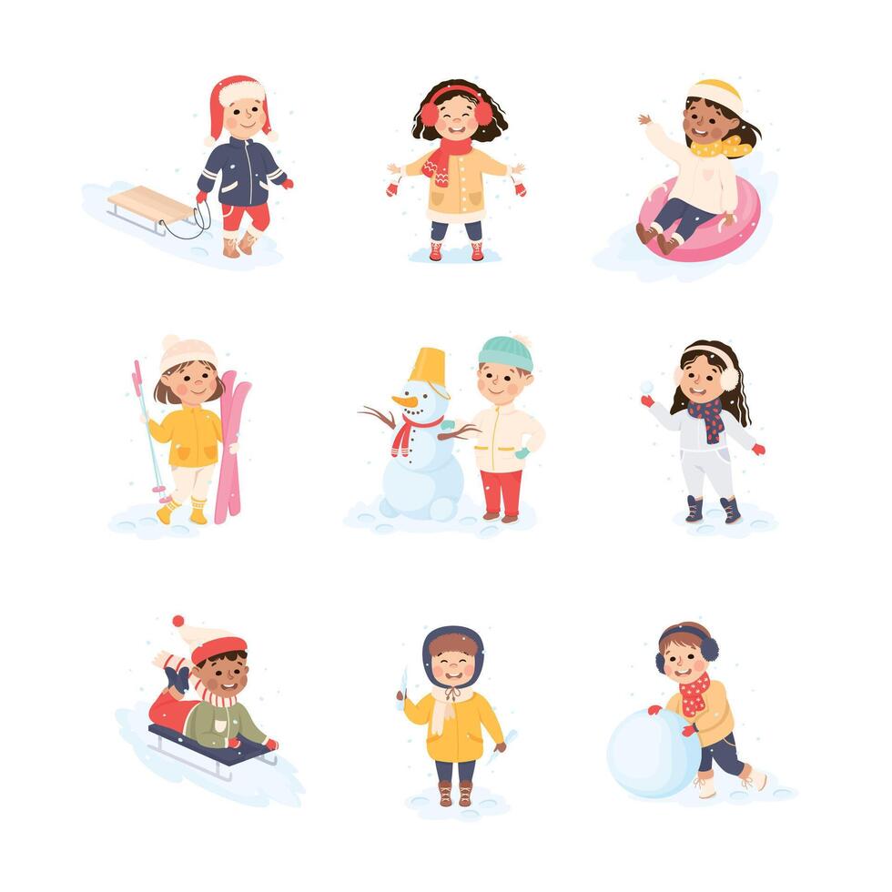 Children Enjoying Winter Fun Activities in Snow Sledging, Skiing, Building Snowman Set vector
