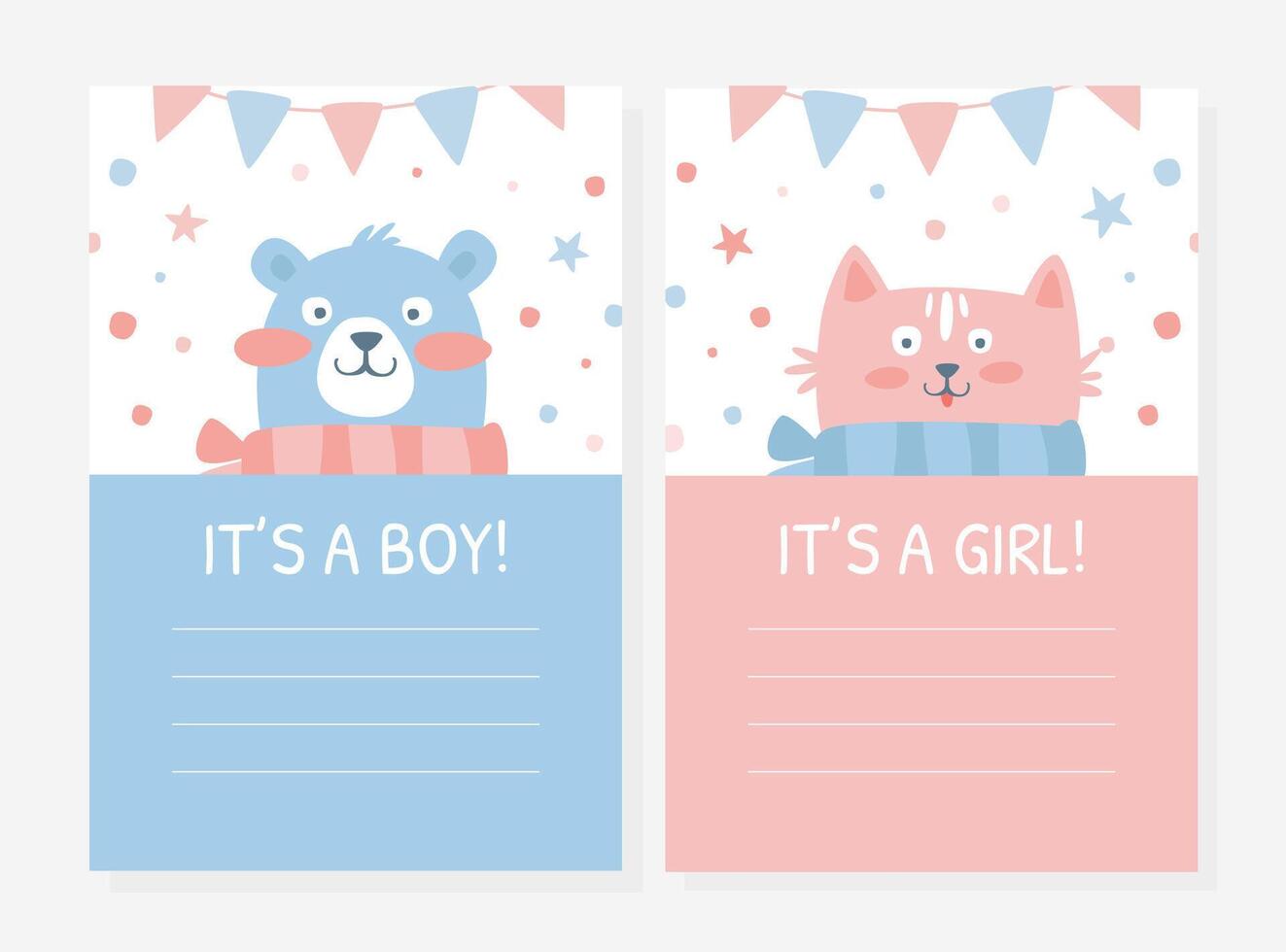 It is a Girl, Boy Cute Baby Card Templates Set with Adorble Baby Animals, Invitation, Greeting Card Design Cartoon Illustration vector