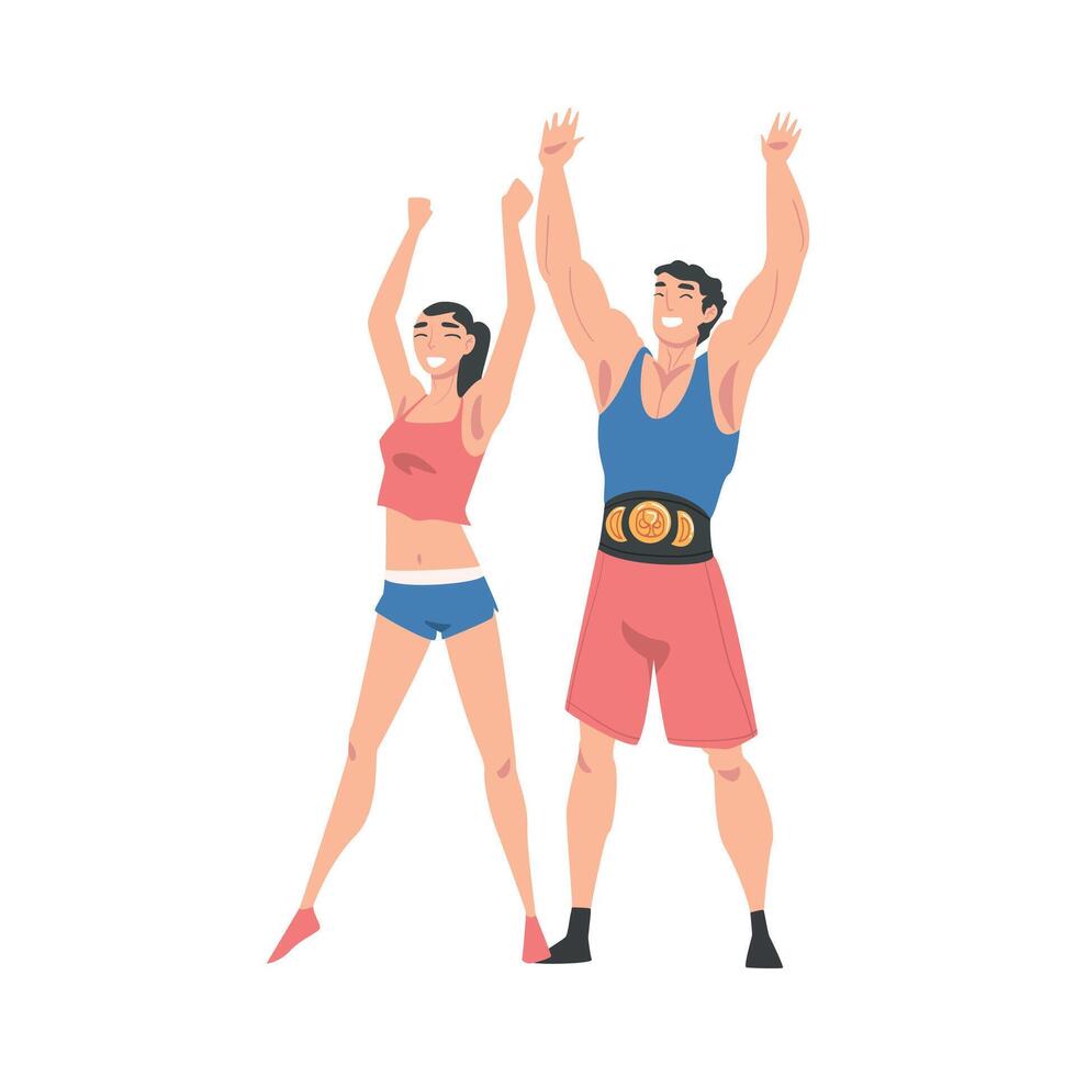 Athletic Muscular Man and Slim Woman in Sportswear Standing with Raising Hands Illustration vector