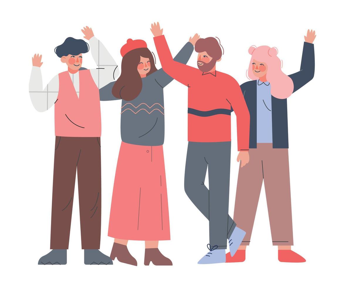 Group of People Standing with Raised Hands, Teenagers Standing Hands Up, Friendship, Solidarity, Success Celebration Concept Cartoon Style Illustration vector
