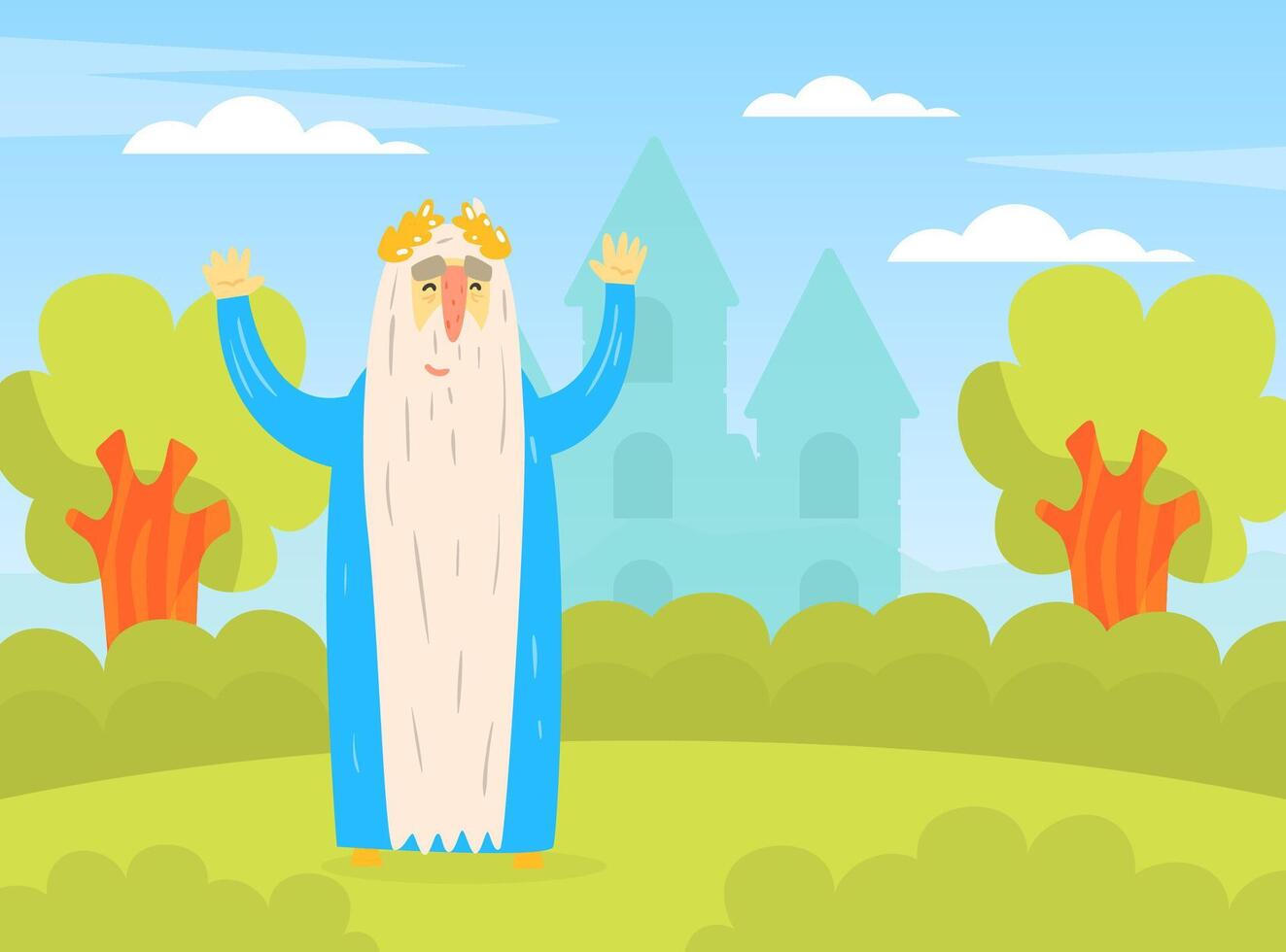 Funny Bearded King Character in Golden Laurel Wreath Standing With Raised Hands on Nature Cartoon Illustration vector