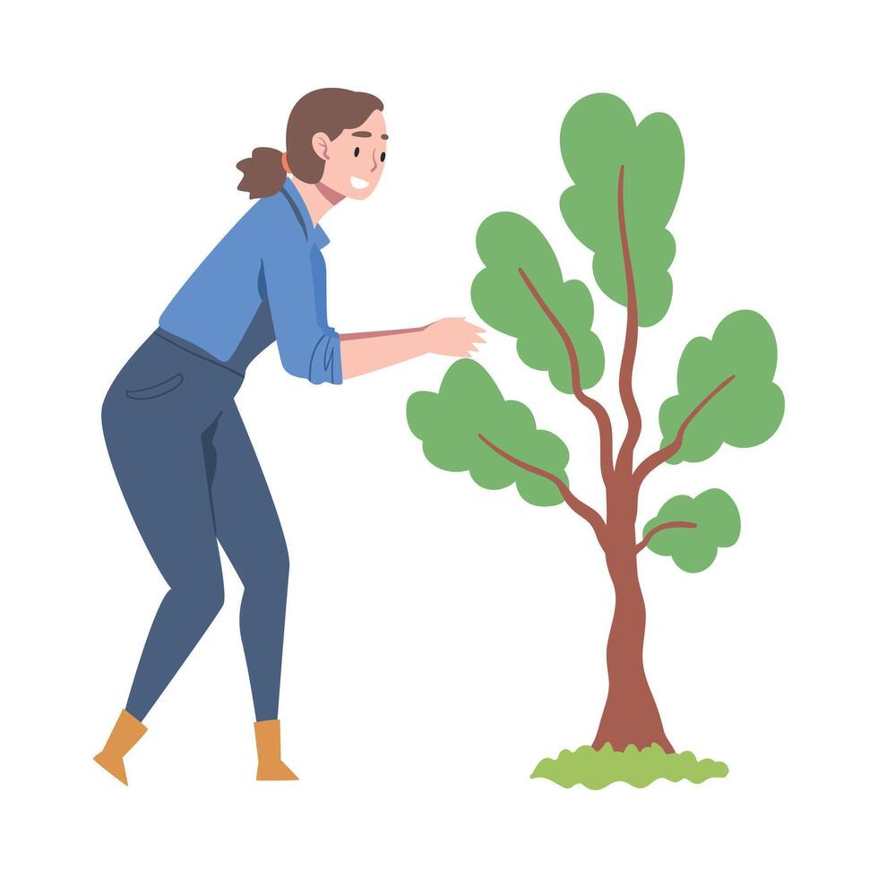 Young Woman in Rubber Garden Boots Caring of Tree Sapling Illustration vector