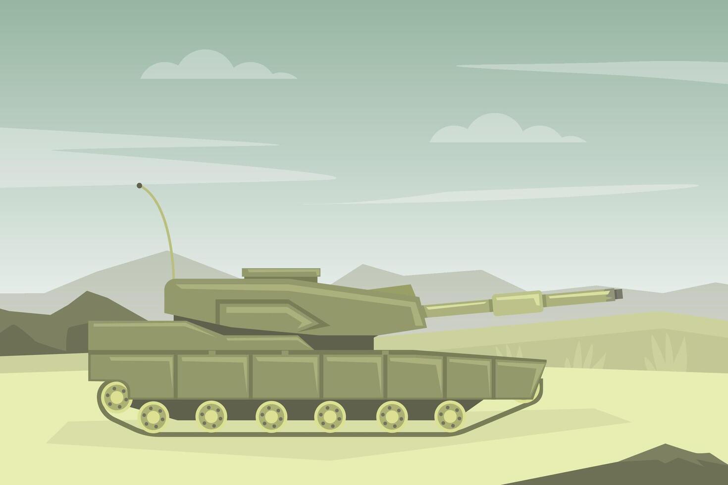 Modern Military Tank in Desert Landscape Flat Illustration vector