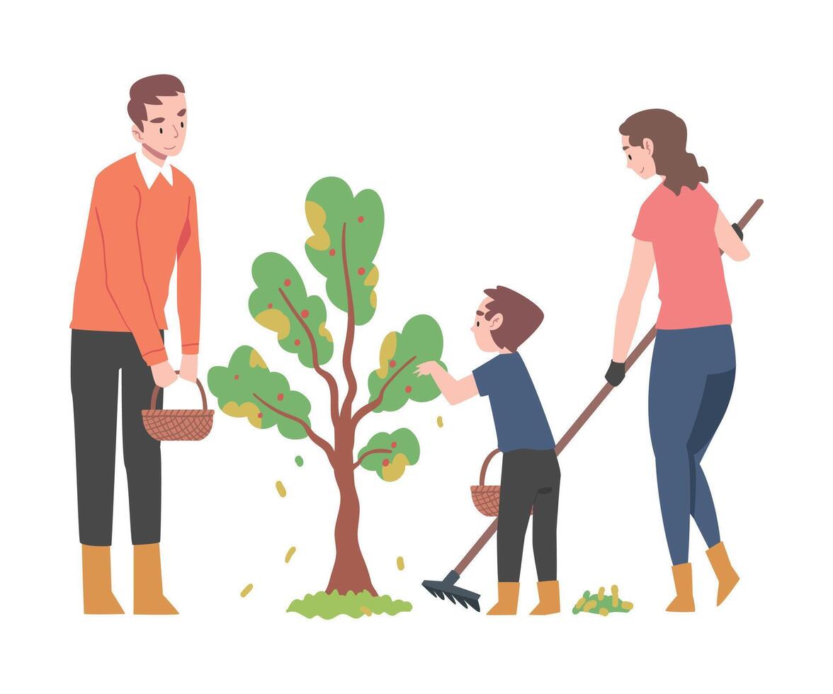 Young Man and Woman with Their Kid Engaged in Garden Work Caring of Tree Illustration vector
