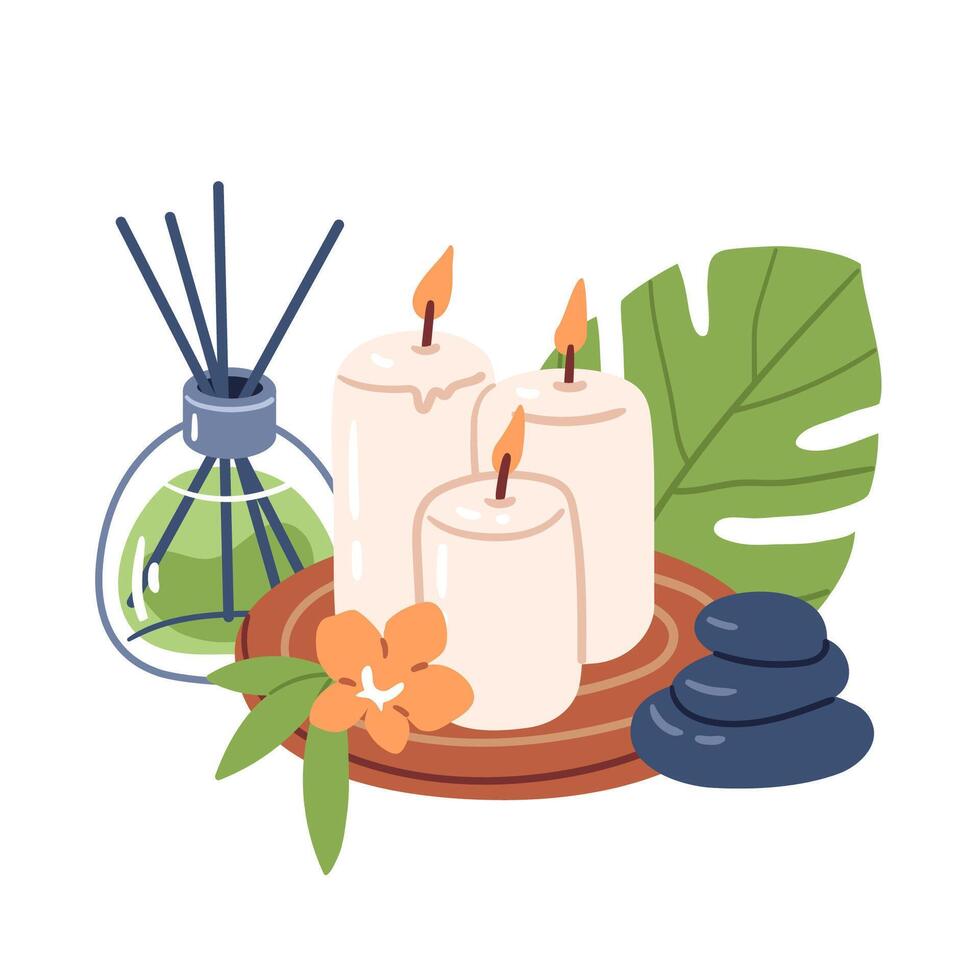 Composition of candles, aroma diffuser, hot stones and tropical leaves. Hand drawn illustration for wellness branding, aromatherapy packaging and spa menu design. vector