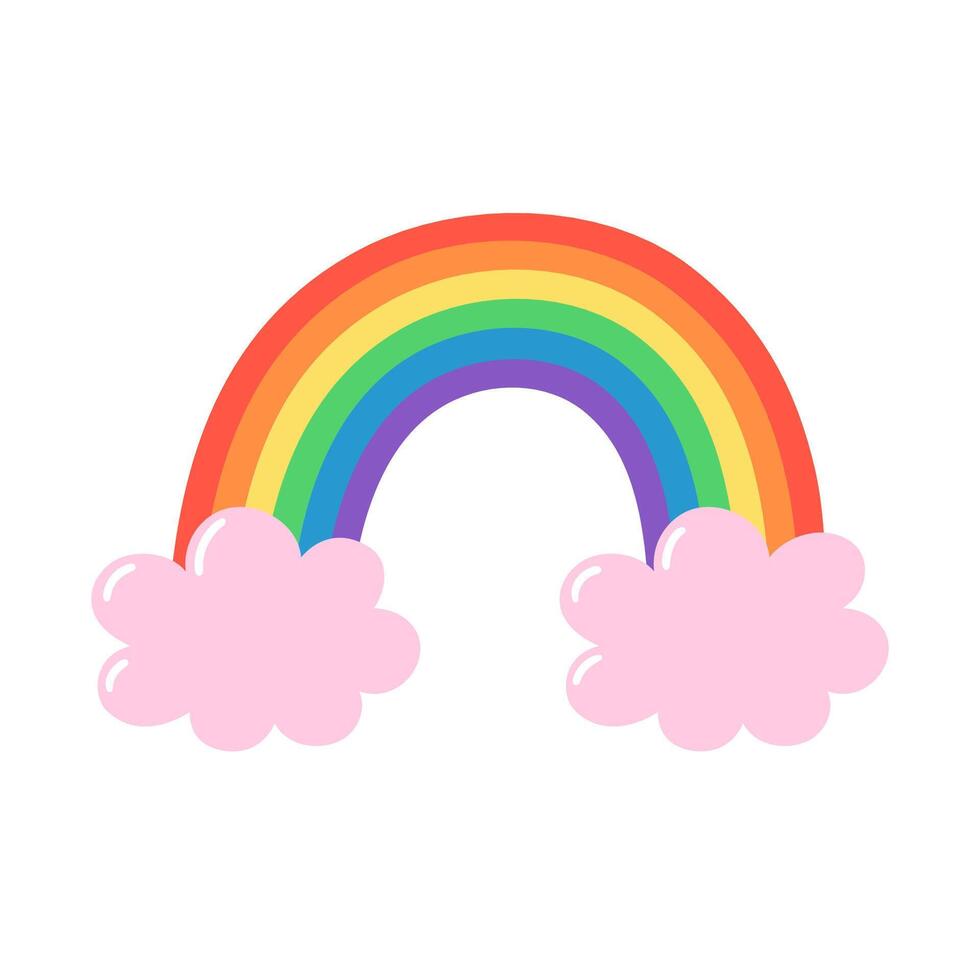 Bright rainbow arcs with fluffy pink clouds. Hand drawn illustration. vector