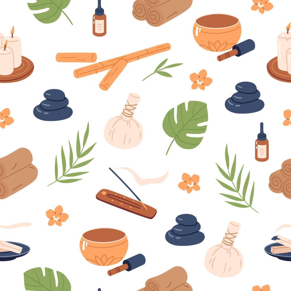 Seamless pattern with thai massage traditional elements and tropical plants. Hand drawn illustration for wrapping paper, textile, fabric. vector