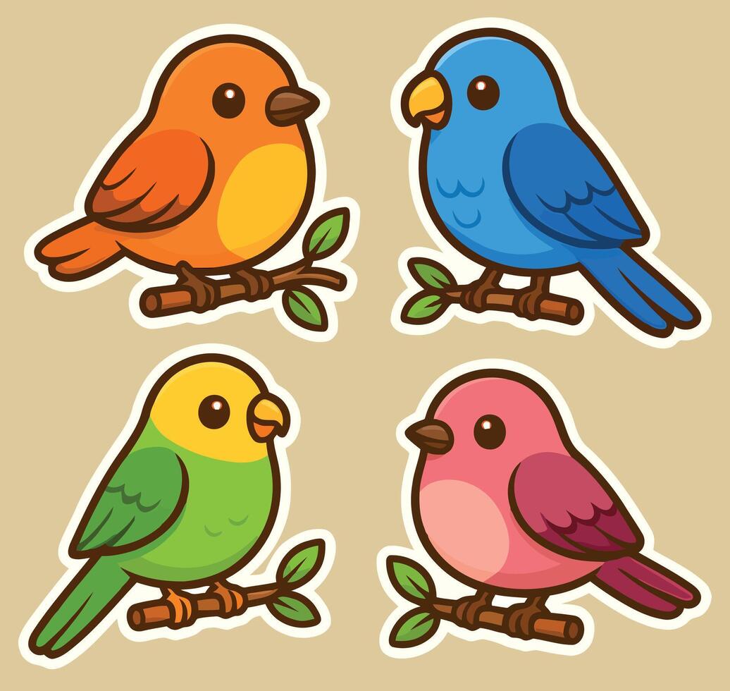 Four Adorable Cartoon Birds Perched on Branches Sticker vector