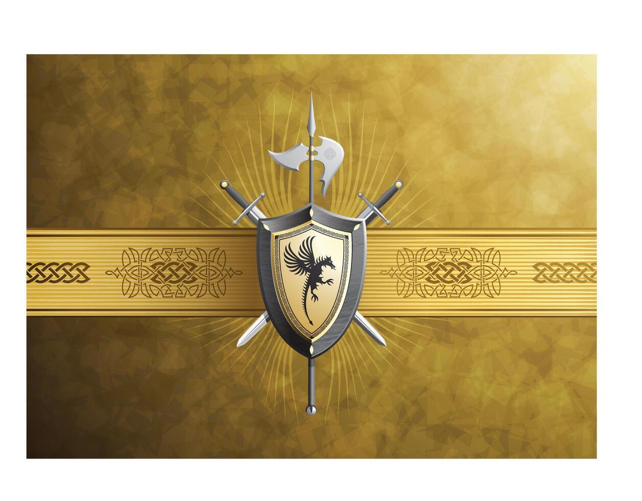 Epic Dragon Warrior Emblem with Sword and Shield - Art vector