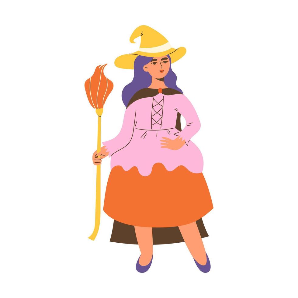 Flat illustration of a young witch in traditional costume holding a flying broomstick. Detailed Halloween character vector