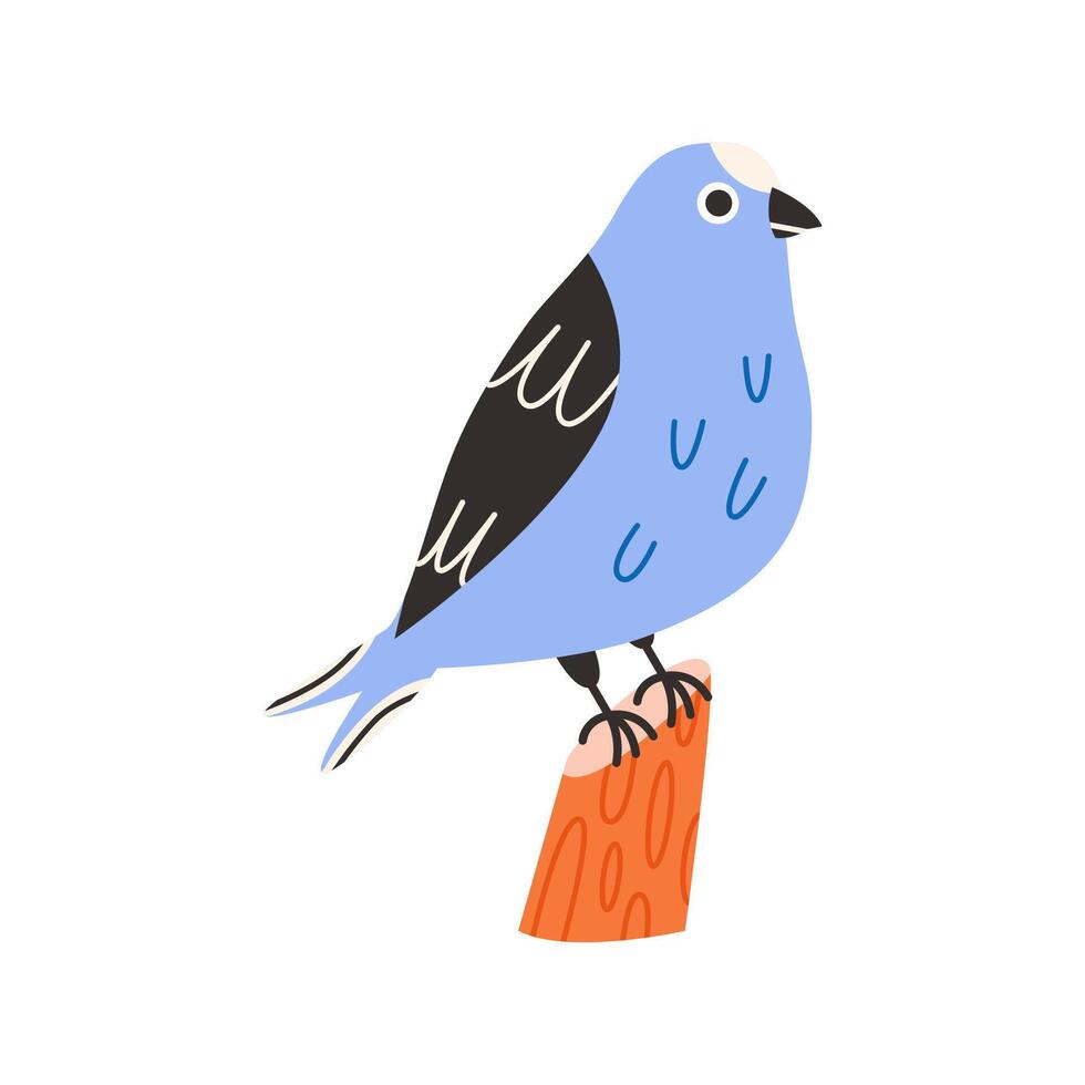 Spring bird illustration. The bird is sitting on a stump. Illustration in childish style isolated on white background. vector