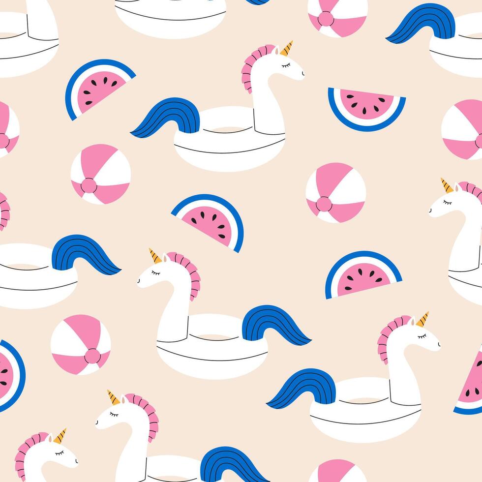 Unicorn pool float pattern with beach elements vector