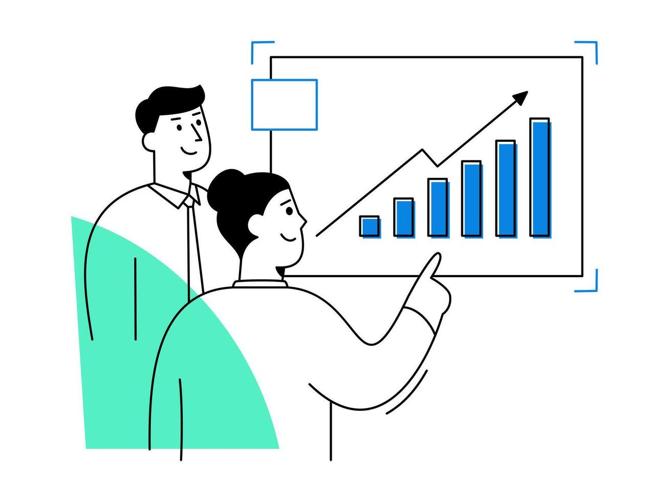Two business professionals analyzing sales data on rising charts, celebrating growth success through effective teamwork in modern office environment vector
