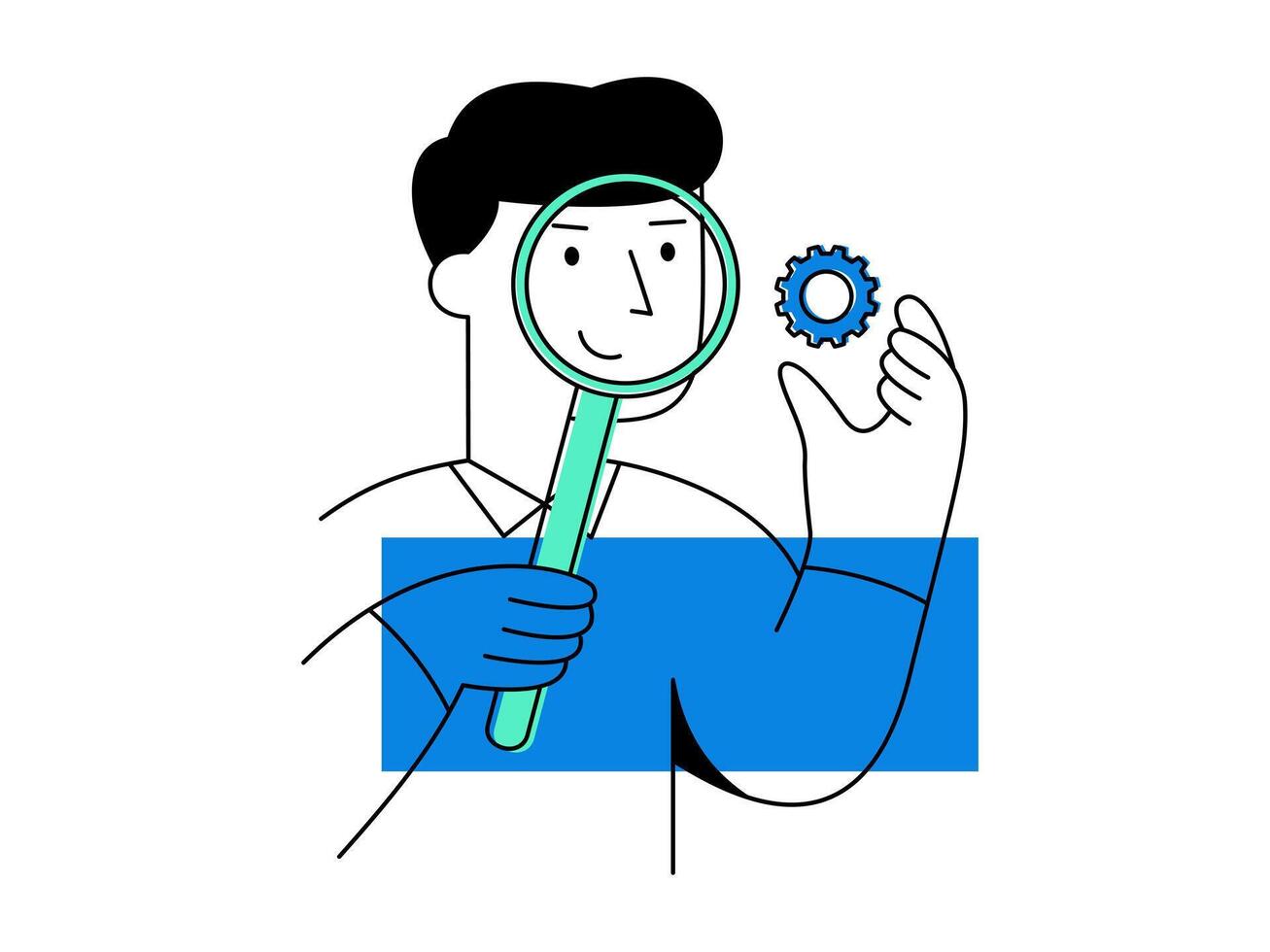 A quality control inspector holds magnifying glass and gear while smiling, wearing gloves, representing inspection and assurance in manufacturing environment vector