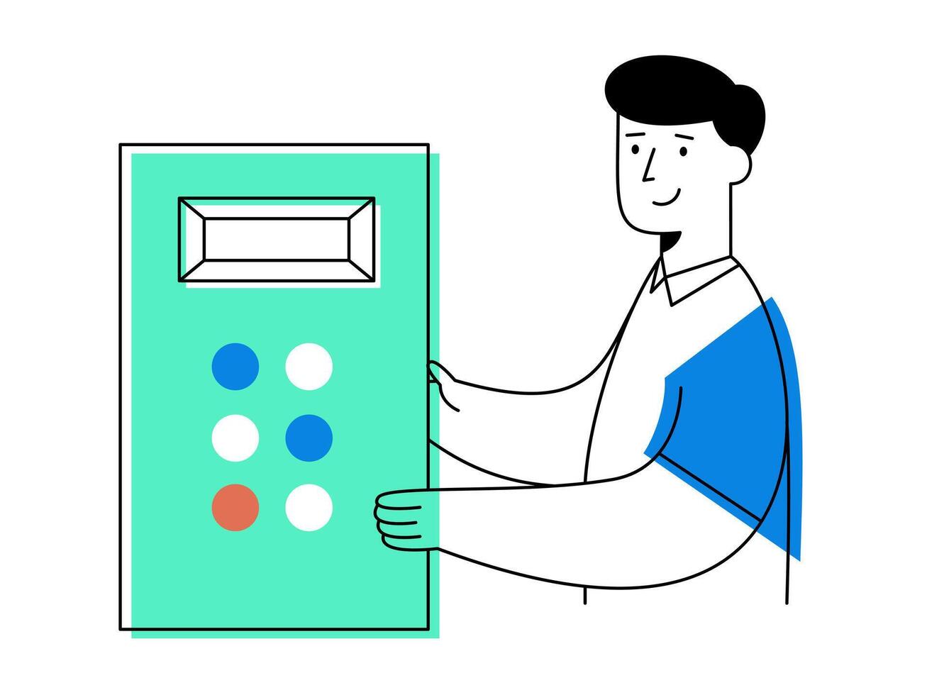 Factory worker operating machine control panel with blue and red buttons, showing cheerful expression in minimal design style representing industrial technology vector