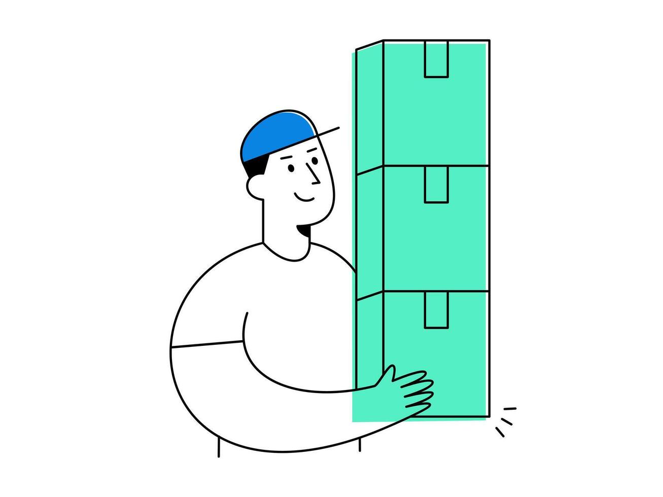 A smiling delivery worker in blue cap carrying bulk product with three large green boxes, representing cheerful logistics and transportation services vector