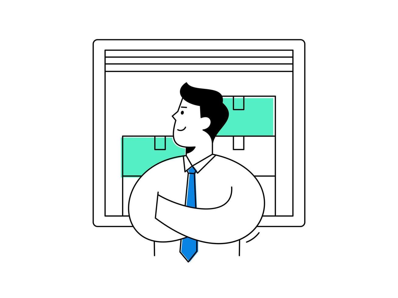 A confident male manager provides supervision for shipment operations in warehouse, overseeing logistics and storage boxes with professional expertise vector