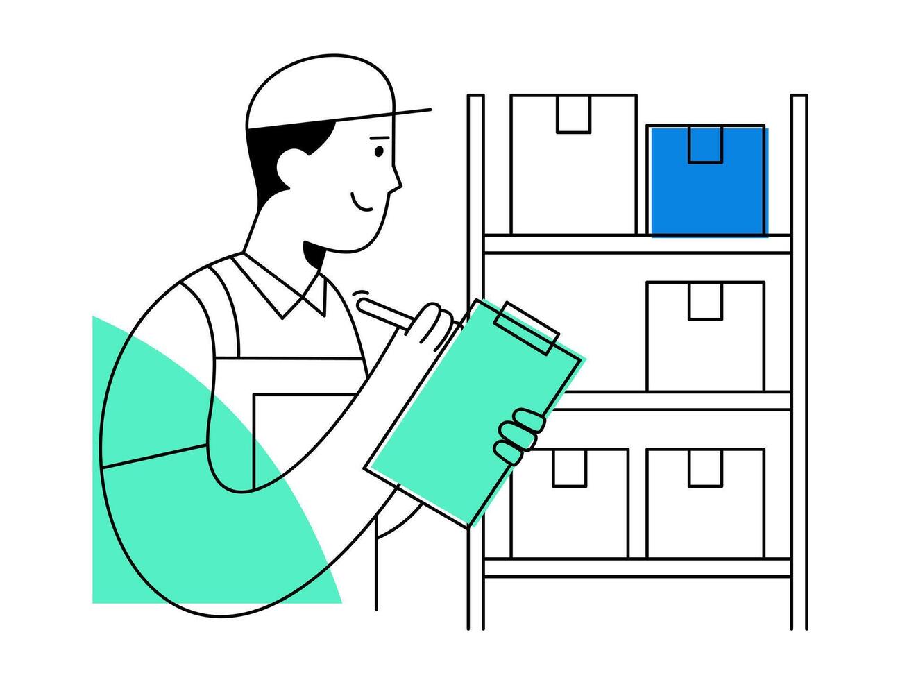 A smiling warehouse worker performs inventory check with clipboard, managing storage boxes on shelves for efficient logistics and organization vector