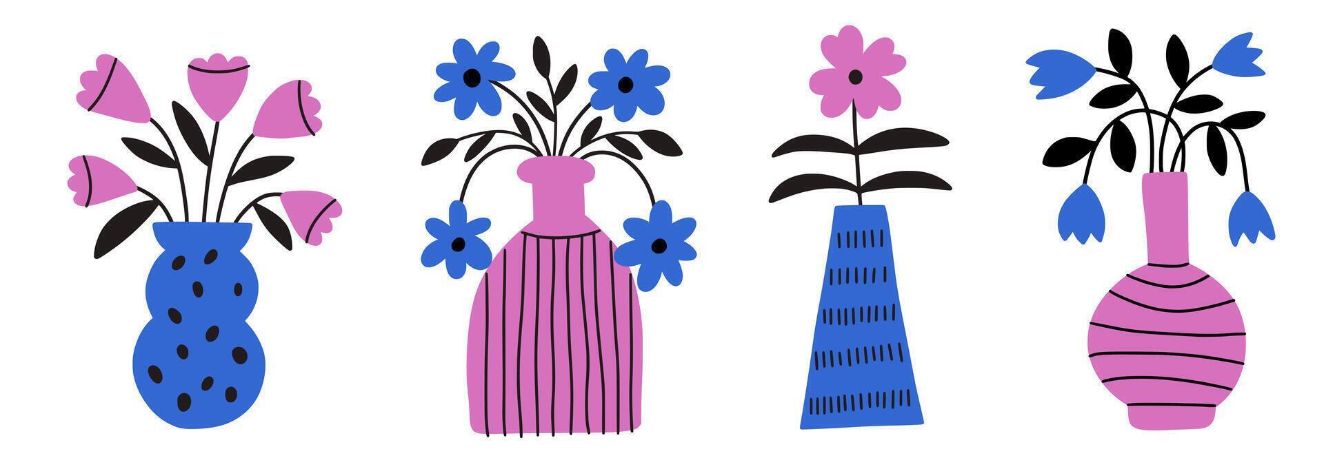 Bright groovy flowers in vases in flat cut-out style. Plant bouquets in flowerpots and floral pots. Pink blue colors vector