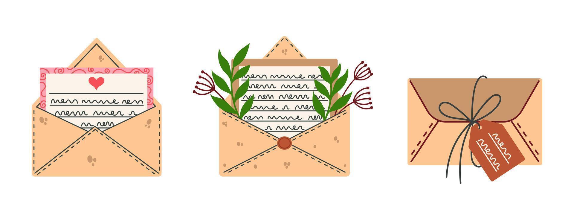 Open and closed letters set. Vintage envelopes with inscriptions, dried leaves, flowers, wax seal, tag. Message tied with string, postcard. Postal correspondence clipart. Isolated on white vector