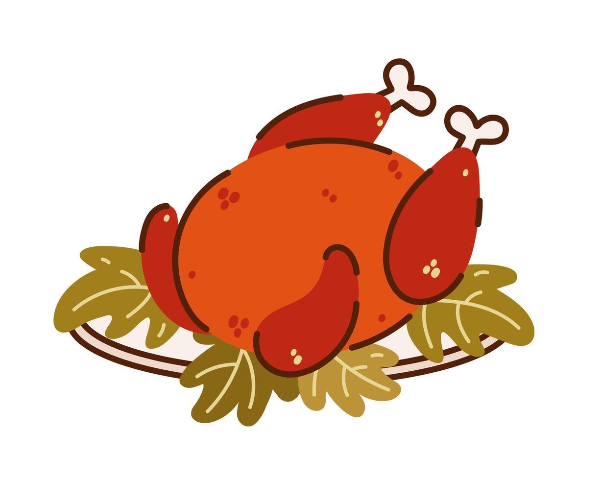 Roasted turkey icon. Fat poultry with lettuce on a plate. Tasty hot duck, chicken baked on the grill. Dish for Thanksgiving, family dinner. Traditional cooked bird for the holiday. Flat clipart vector