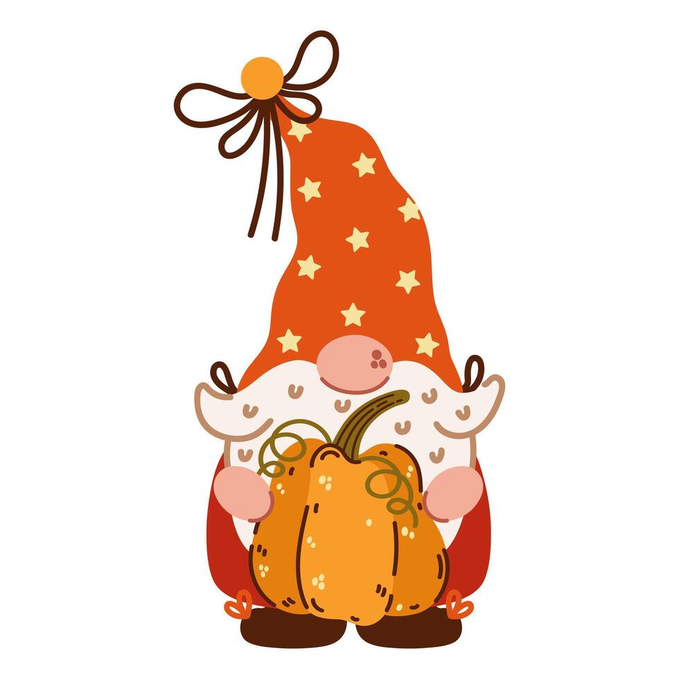 Cute autumn gnome. Funny bearded elf holds ripe orange pumpkin, seasonal crop. Magic character of Scandinavian folklore. Dwarf in a hat with stars. Cartoon fall illustration for Thanksgiving vector