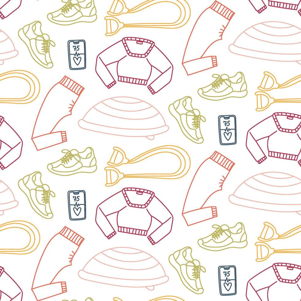 Pattern of fitness, sports, and proper nutrition. Sneakers, clothing, hemisphere, phone, and expander. Seamless color doodle. Design of packaging for projects about sports, nutrition, active lifestyle vector