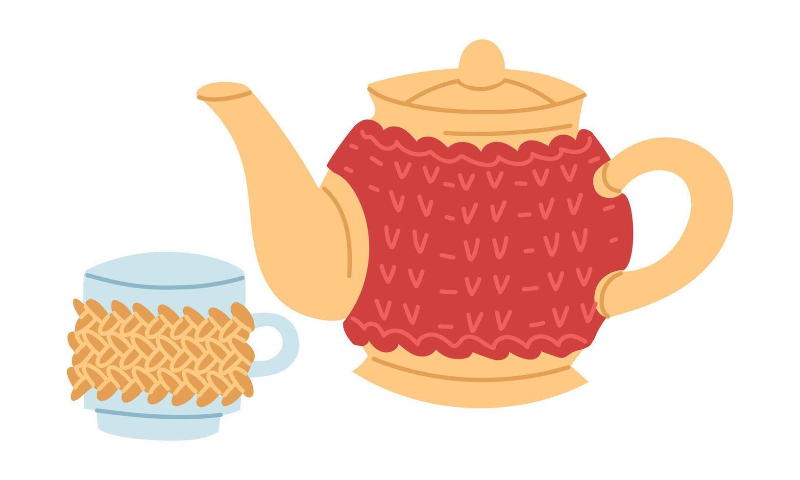 Knitted heating pad, cover for ceramic teapot and mug. Cozy atmosphere, warming. Handmade. Flat color isolated illustration. postcards, packaging design, social media posts, care and comfort themes vector