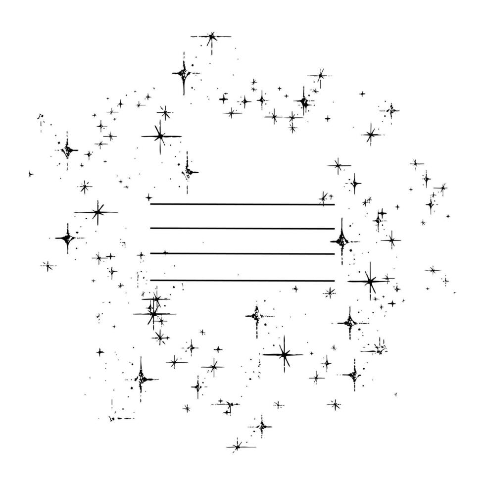 Round frame with small stars with poorly printed texture, worn-out print, scuffs. illustration with writing strips. Template for notebooks and drawing albums as the main page. Black on white vector