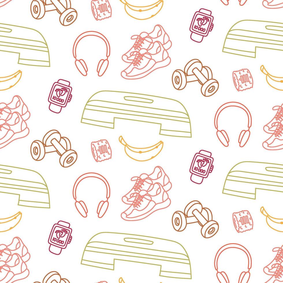 Pattern theme of fitness, sports. Stepper sneakers, dumbbells, watches, headphones, banana. Seamless color doodle. Design of packaging. Suitable for projects about sports, nutrition, active lifestyle vector