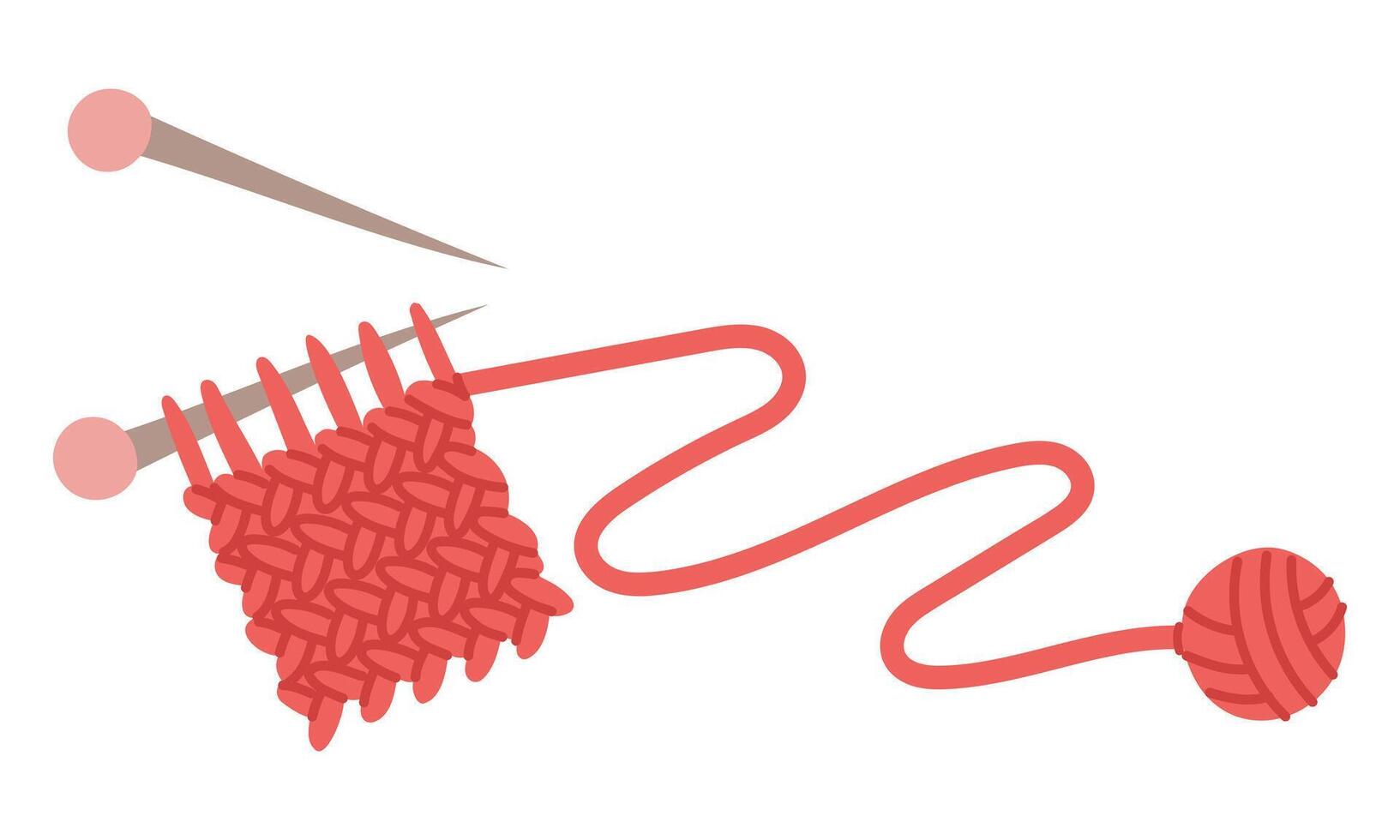 Knitting with straight knitting needles. red scarf with thread and small ball. cozy atmosphere. Handmade for others. flat colored isolated illustration. For postcards and themes of care and coziness vector