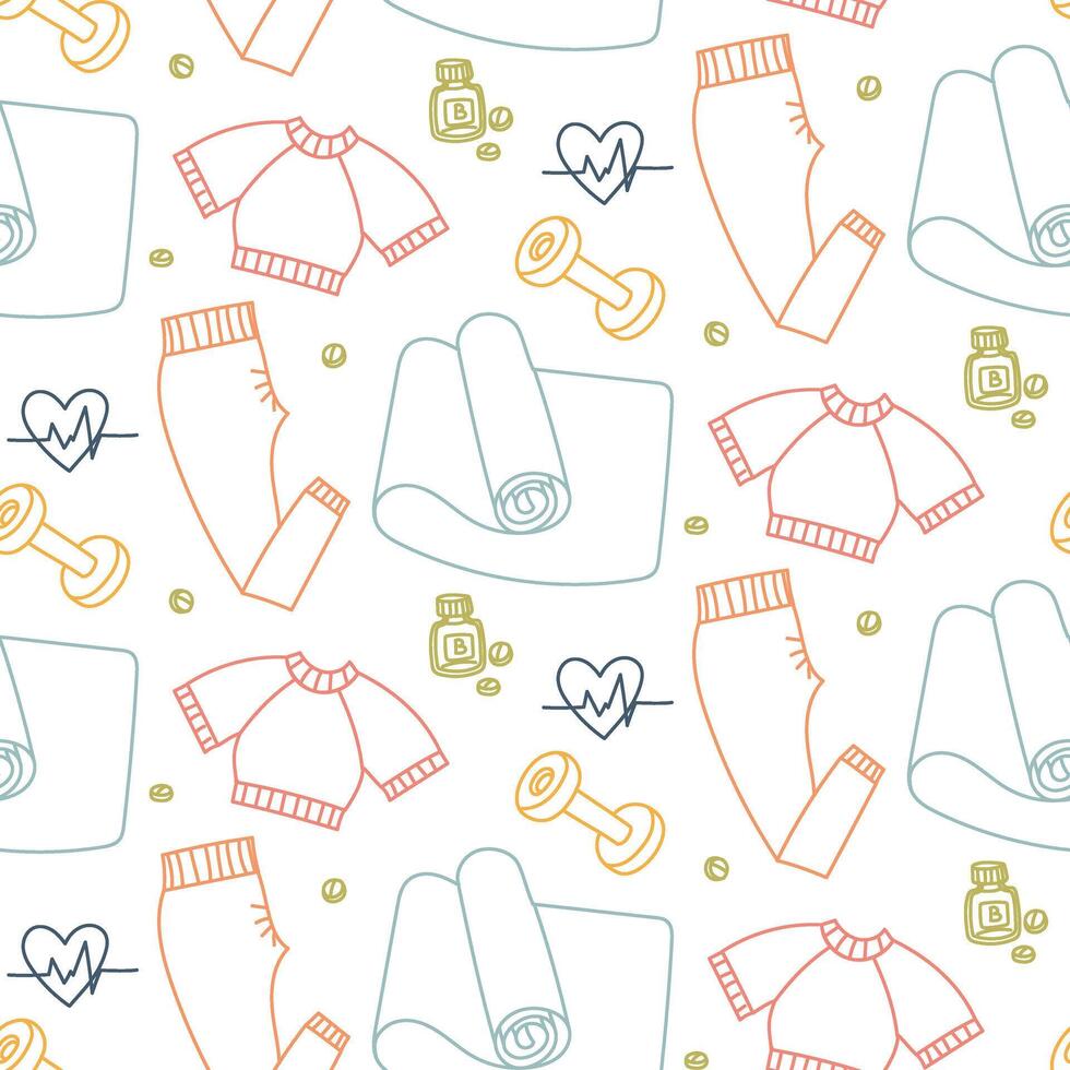 Pattern theme of fitness, sports, proper nutrition. Clothing, mat, dumbbells, vitamins. Seamless colored doodle. Design of packaging and posters for projects about sports, nutrition, active lifestyle vector