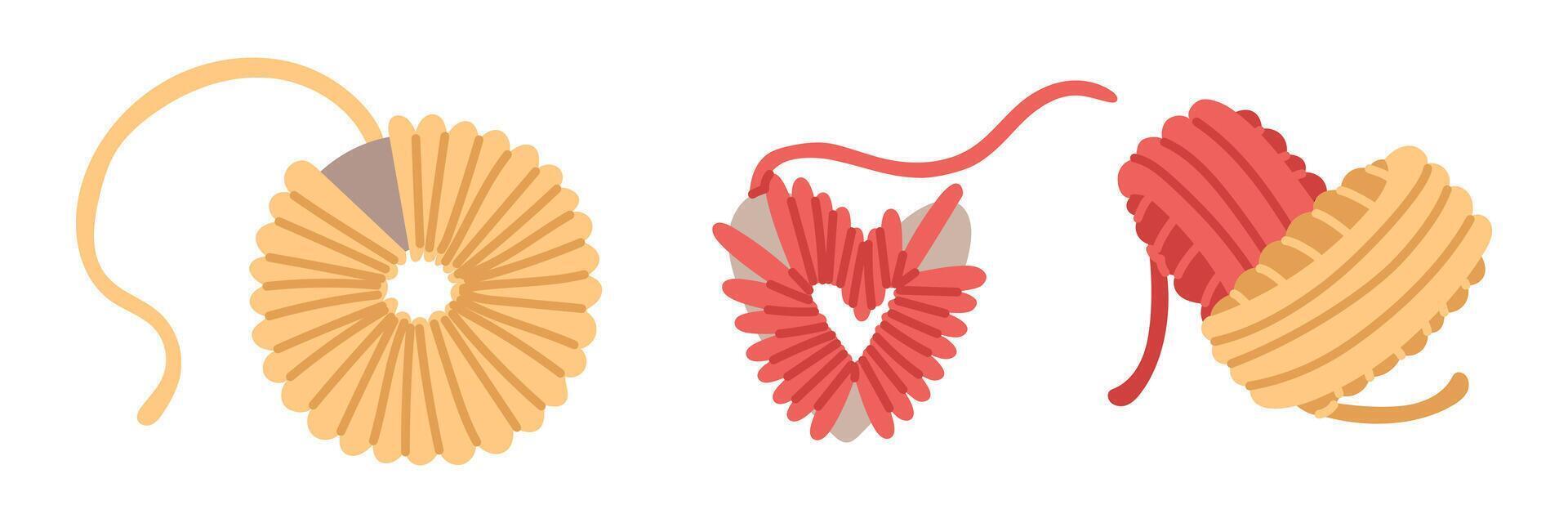 set of yarn wrapped around heart, circle for creating pompoms, with colored balls of yarn in shape of heart. cozy atmosphere. Handmade. flat color. For postcards, posts, themes of care, coziness vector