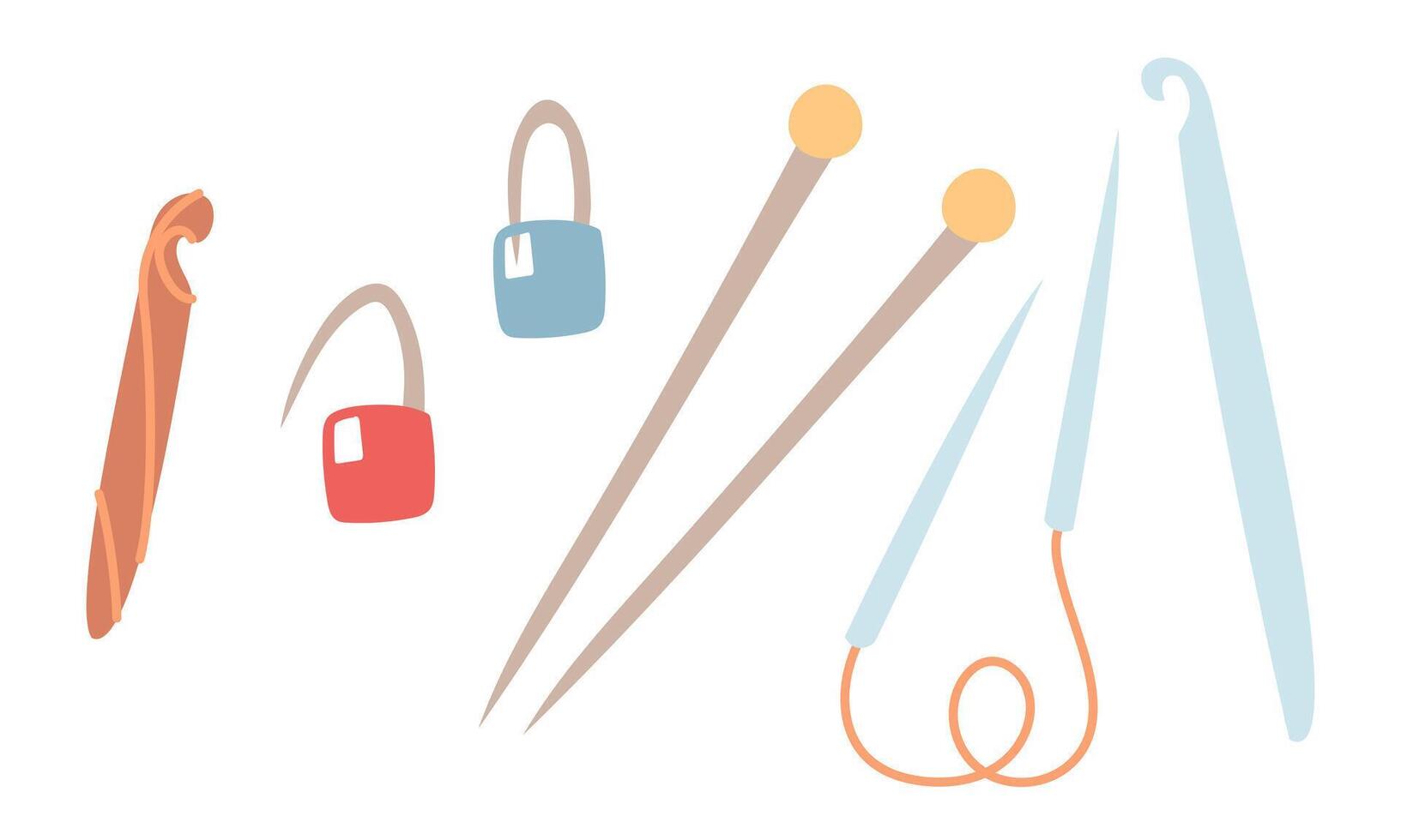 set of knitting items. Pins, straight and looped knitting needles, and hooks. flat color illustration. Suitable for infographics, templates, DIY blogs, packaging design, online stores, and workshops vector