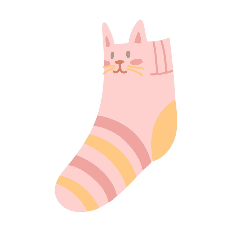 knitted pink sock with a cat's face and stripes. cozy atmosphere. Handmade. flat colored isolated illustration. For postcards, packaging design, social media posts, and themes of care and coziness vector