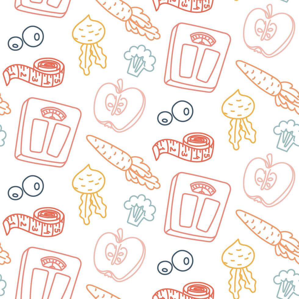 Pattern of fitness, sports, and proper nutrition. Scales, fruits, vegetables, measuring tape. Seamless color doodle. Design of packaging and posters. Suitable for projects about sports, nutrition vector