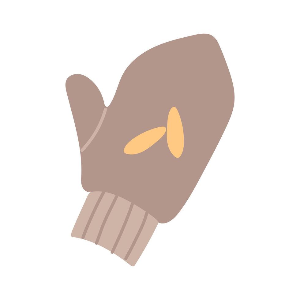 Knitted mitten one. Brown with yellow drawings. Cozy atmosphere. Handmade. Flat color isolated illustration. For postcards, packaging design, social media posts, care and coziness themes vector