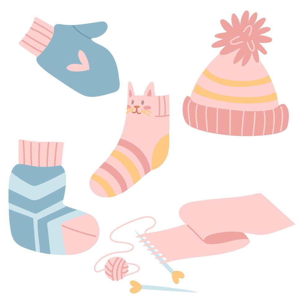 Set of knitted items. Socks, hat, mittens, and a half-knitted scarf in delicate colors. Collection of handmade items. Cozy atmosphere. Flat color illustration. Knitting, needlework, printed, hobbies vector