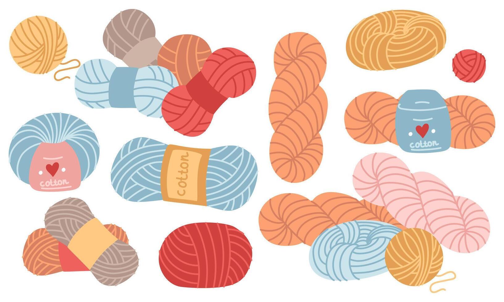 Set of multicolored, diverse knitting yarns with labels in various shapes. Collection of handmade products. Cozy atmosphere. Flat color illustration. knitting, needlework, prints products, hobbies vector