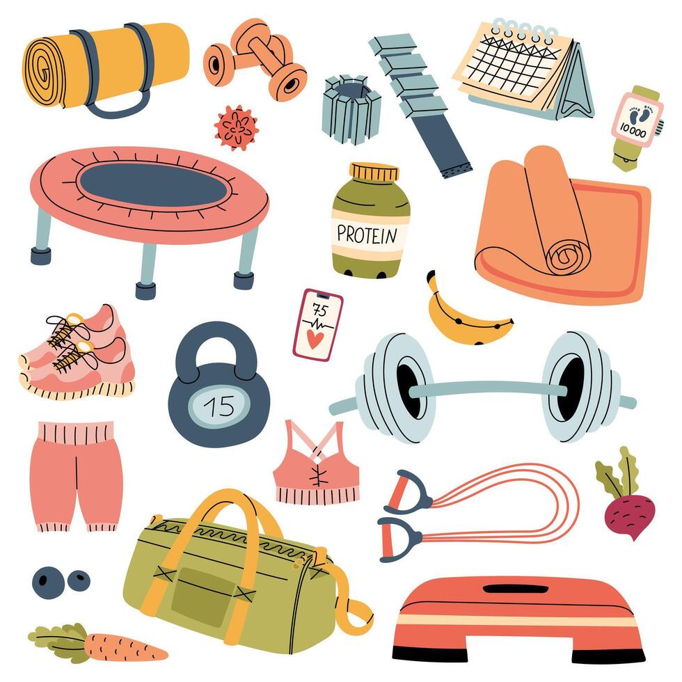 Set of sports equipment. Collection on the topic of fitness, sports, and training. Flat color illustration with a doodle outline. For posters, sports materials, blogs, fitness, and a healthy lifestyle vector
