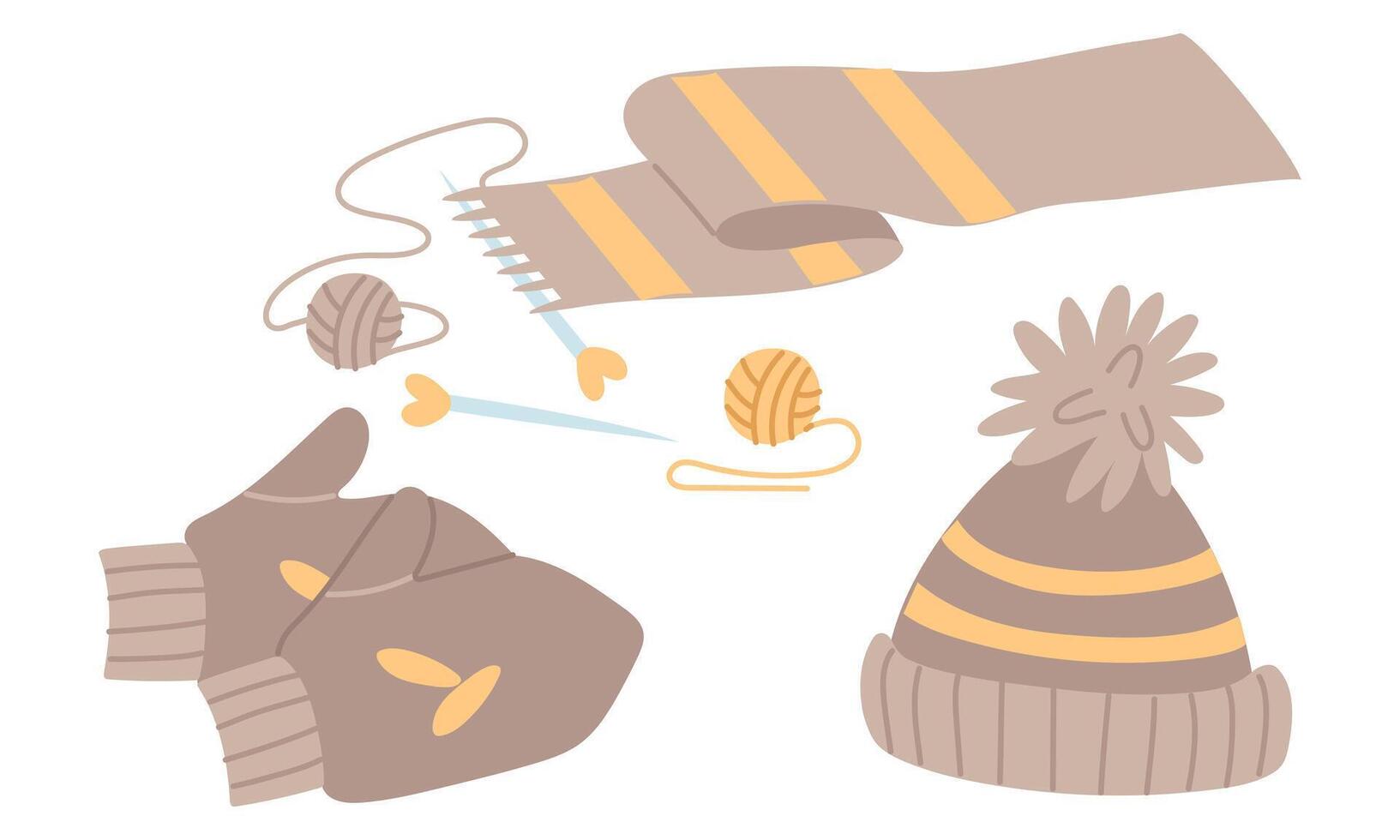 set of knitted winter accessories. Mittens, hat with pompom and an unfinished knitted scarf. flat color illustration. Suitable for blogs, articles, postcards, website design, and handmade advertising vector