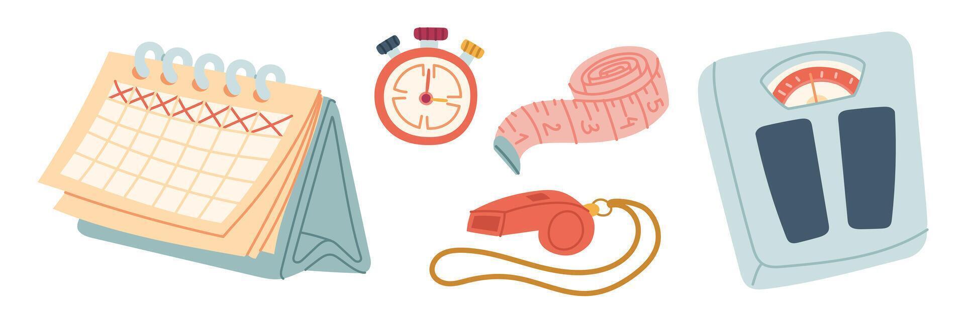 set of items for sports and weight management. Scales, whistle, stopwatch, measuring tape, and calendar. Colorful illustrations. For posters, sports clothing, packaging, health and lifestyle blogs. vector