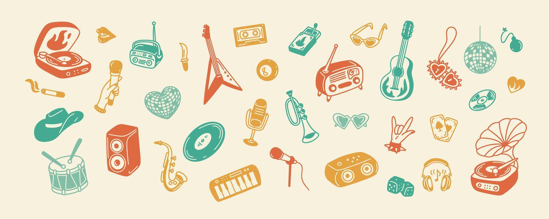 Retro music hand drawn doodle background. Old fashion rock and pop concert design elements and icons. 80s 90s y2k style nostalgia disco party, karaoke, festival sketch poster. Vinyl player vector
