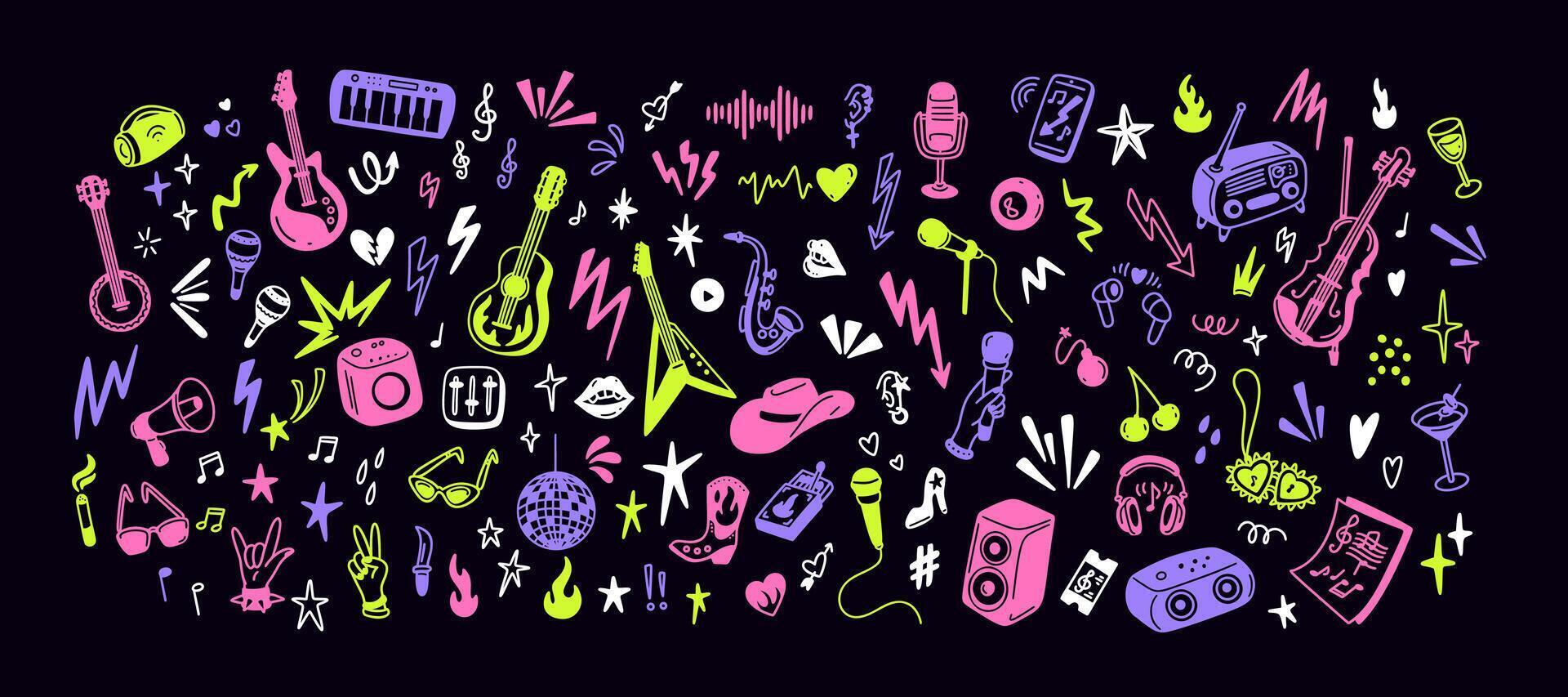 Set of neon acid hand drawn doodle dance club, karaoke, rave party, rock and punk concert icons. 90s retro style music background. Whimsical funky stickers. Pop culture playful poster vector