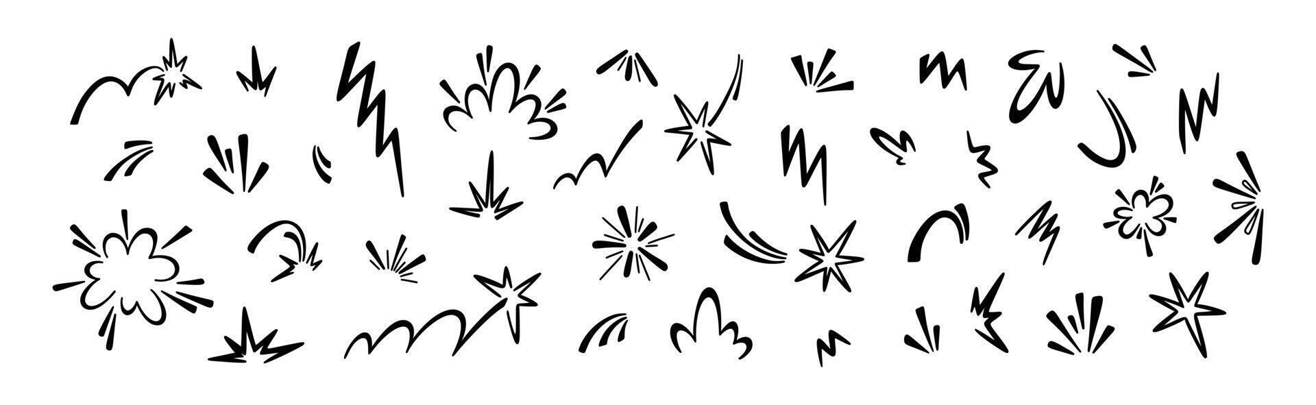 Set of boom, splash, impact, explosion, burst, bomb manga comic effects. Hand drawn doodle icons. Handwriting basketball, tennis, baseball ball bounce. Speed, movement, motion design elements vector