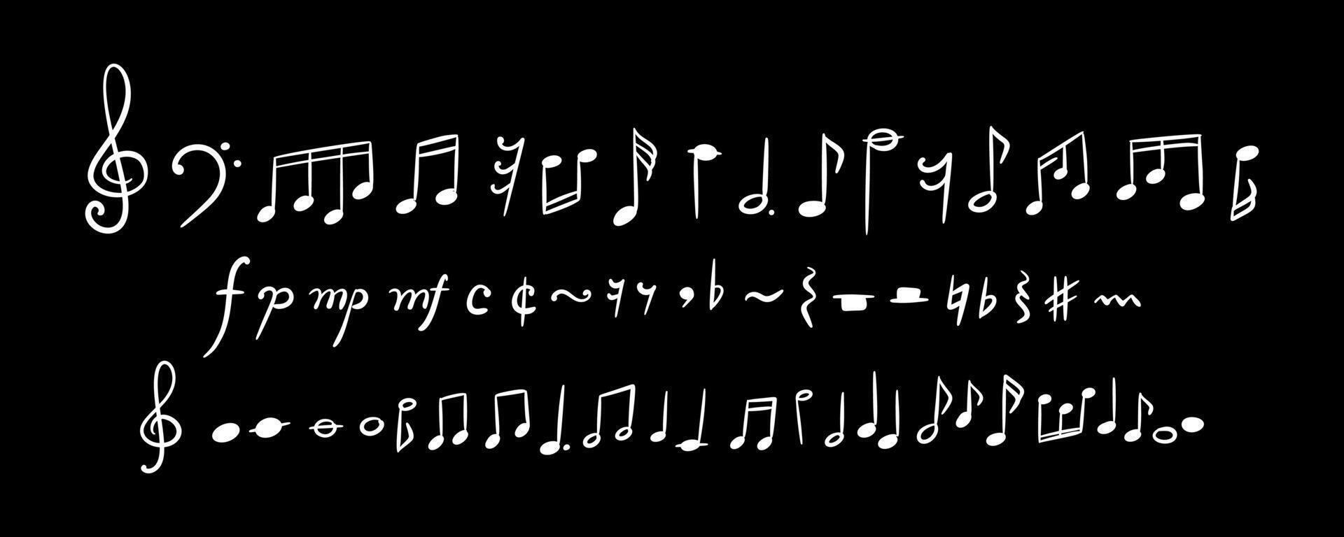 Hand drawn cute line doodle music notes and signs set. Crayon scribble background. Handwriting sketch illustration. Melody sound symbols. Backboard chalk drawing vector
